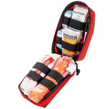 Individual Bleeding Control Kit contents with C-A-T components in compact red bag, perfect for emergency use.