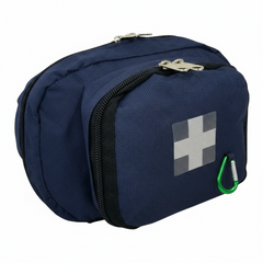 Navy blue pouch with a logo on a white background