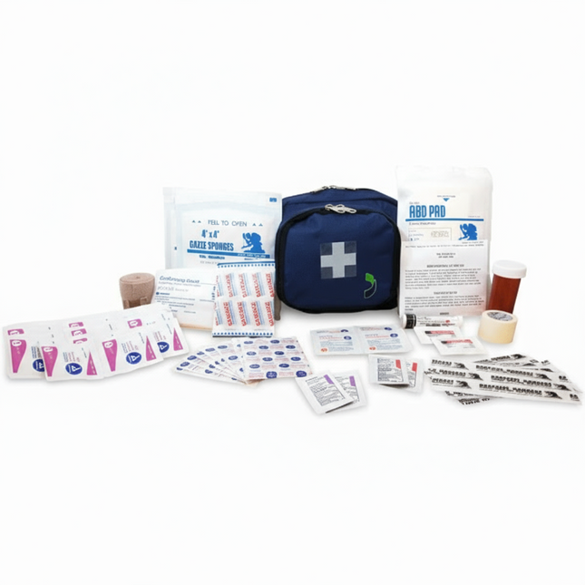 First aid kit with various supplies on a black background