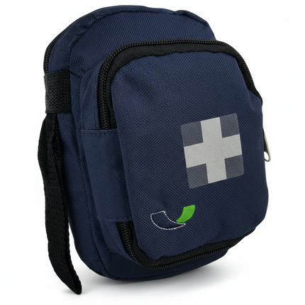 Navy blue pouch with a white cross symbol on a white background