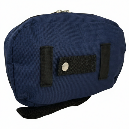 Blue pouch with black straps on a white background