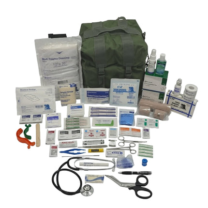 M-17 Medic Kit with basic wound care supplies and bleeding control items displayed on a white background.