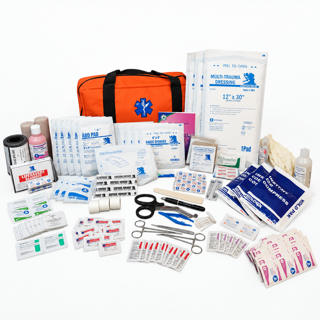 A comprehensive first aid and emergency response kit arranged neatly on a white background, featuring an orange carrying bag with a blue star of life emblem, various medical supplies, bandages, gauze, scissors, tweezers, and wound care products.