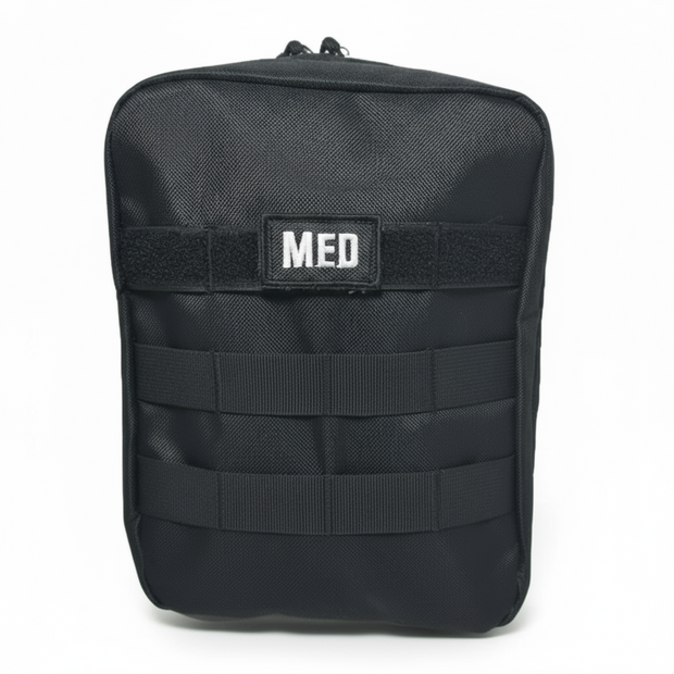 Military IFAK pouch featuring MOLLE webbing and a MED label for easy identification.