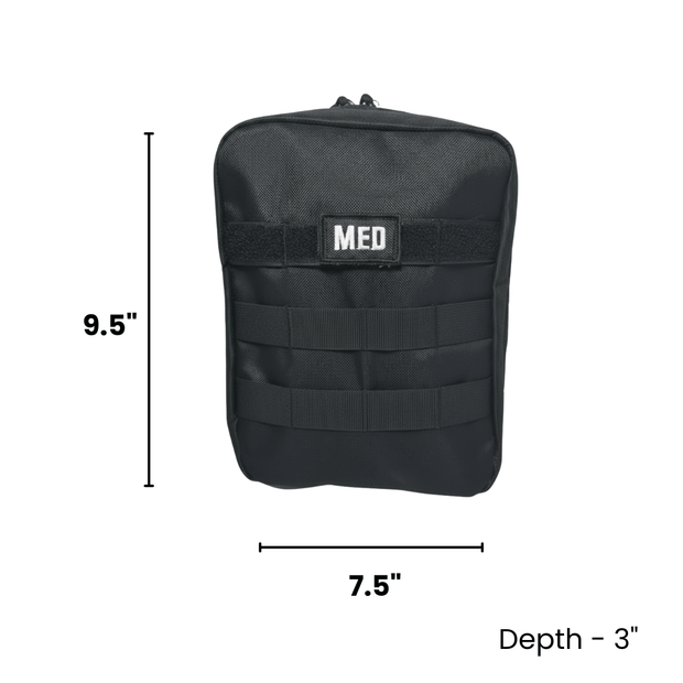 Black medical pouch with dimensions labeled on a white background