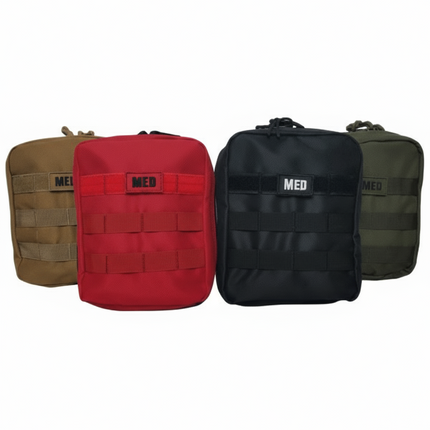 Military IFAK – Advanced in various colors: tan, red, black, and green MOLLE-compatible pouches.