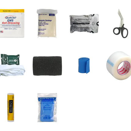 Collection of medical supplies including bandages, tape, and scissors on a white background