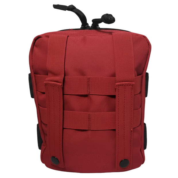 Military IFAK – Advanced red MOLLE-compatible pouch for trauma kit with straps.