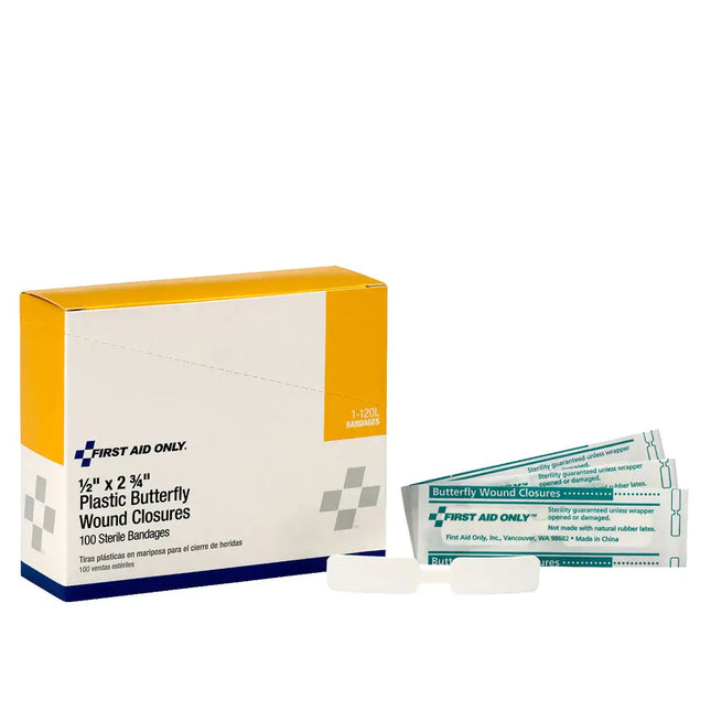 Wound Closure | Non-Stick Sterile Butterfly Bandages (Box of 100) with bandages and packaging laid out.