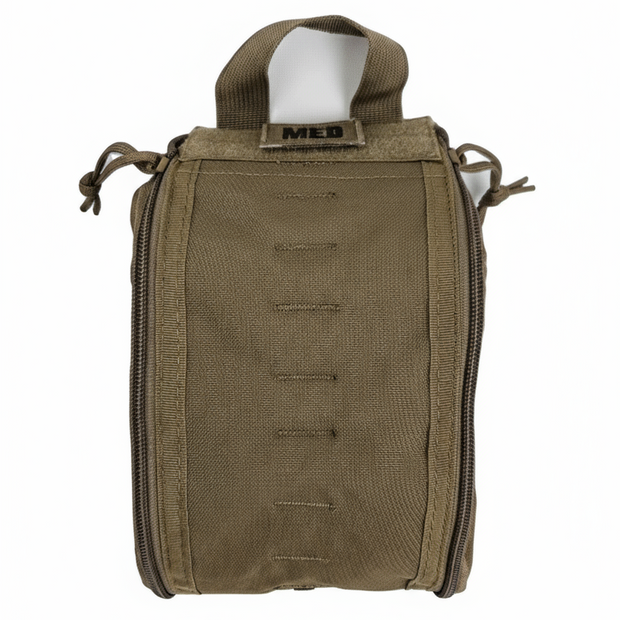 Tactical medical pouch in tan color with zipper and loop for attachment, designed for emergency preparedness.