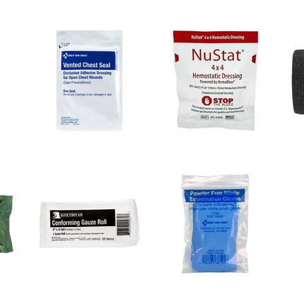 Collection of medical supplies including bandages, scissors, and a tourniquet on a white background