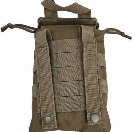 Compact tactical pouch with molle webbing, ideal for carrying a trauma kit or essential gear.