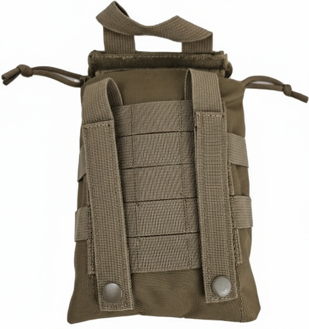 Compact tactical pouch with molle webbing, ideal for carrying a trauma kit or essential gear.