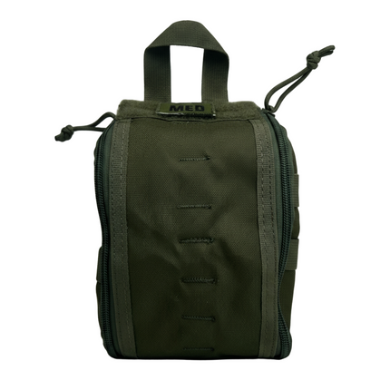 Green tactical pouch for medical supplies, featuring easy-access design and durable fabric construction.