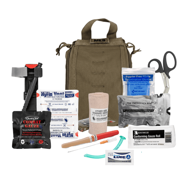 First aid kit with various supplies on a white background