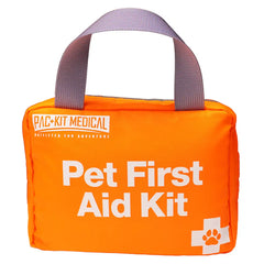 Bright orange Pet First Aid Kit bag with handles, designed for pet emergencies on-the-go.