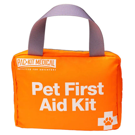Bright orange Pet First Aid Kit bag with handles, designed for pet emergencies on-the-go.