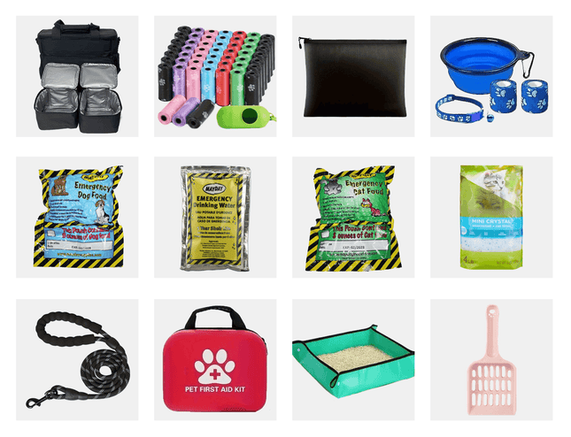 Emergency survival kit for pets including food, water, first aid, and supplies for evacuations and extreme weather.