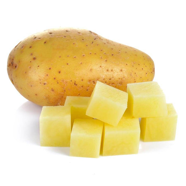 Fresh whole potato and diced tuber pieces, ideal for cooking and adding to meals.