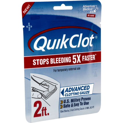 QuikClot Advanced Clotting Gauze packaging, 3" x 2' size, claims to stop bleeding 5X faster, U.S. Military proven safety.