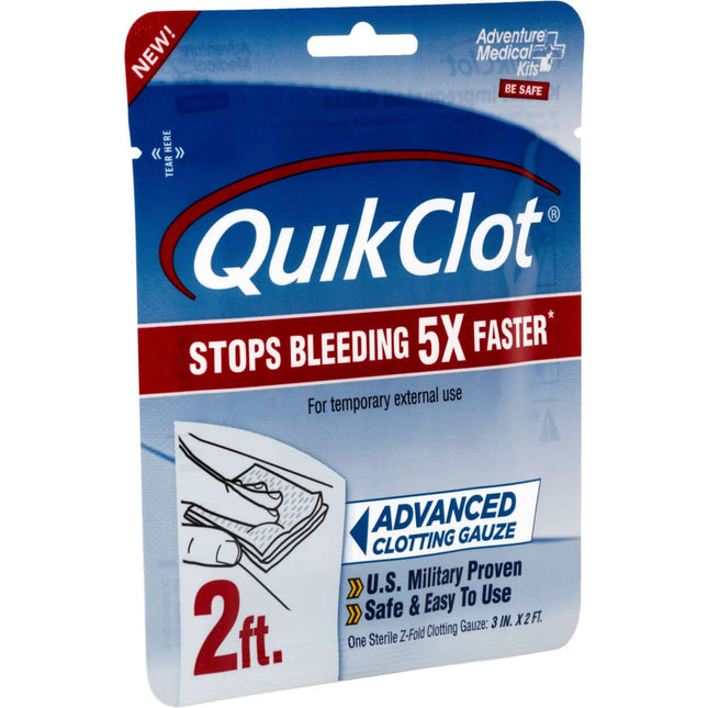 QuikClot Advanced Clotting Gauze packaging, 3" x 2' size, claims to stop bleeding 5X faster, U.S. Military proven safety.