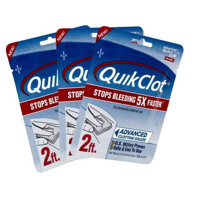 QuikClot Gauze packs - 3 units of 2 ft each, fast bleeding control, U.S. Military tested, safe and easy to use.