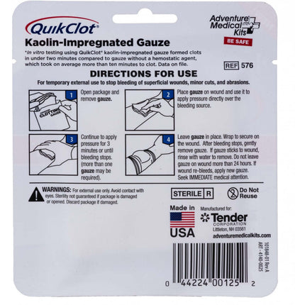 QuikClot Kaolin-Impregnated Gauze packaging with directions for use, safety warnings, and made in the USA details.