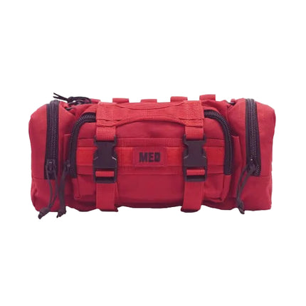 Rapid Response Med Kit in red with sturdy zippers and MOLLE-compatible straps for quick access to medical supplies.