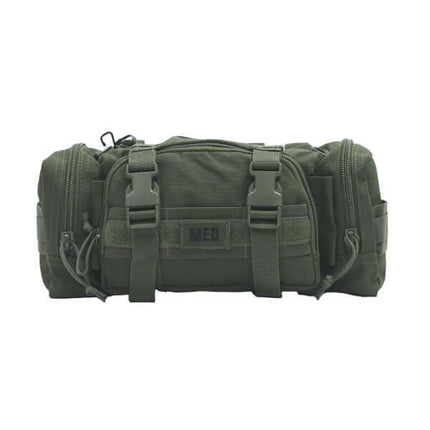 Rapid Response Med Kit in green, compact trauma kit with MOLLE-compatible straps for easy attachment.