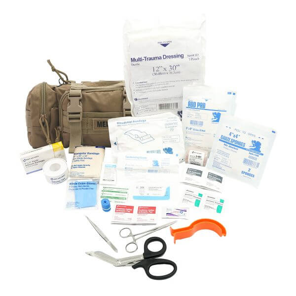 Rapid Response Med Kit contents including trauma dressings, bandages, scissors, and medical supplies.