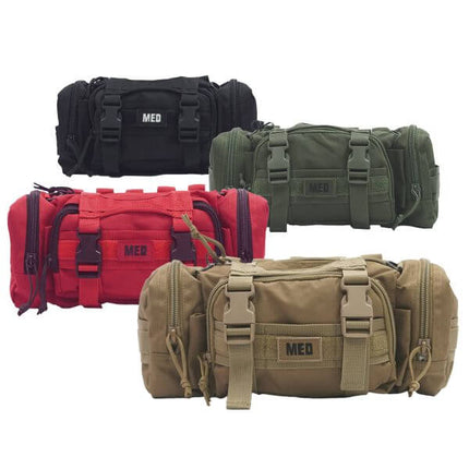 Rapid Response Med Kit in black, green, red, and tan colors displaying compact medical bags.