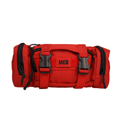 Rapid Response Trauma Kit in a bright red color, featuring multiple compartments and MOLLE compatibility.