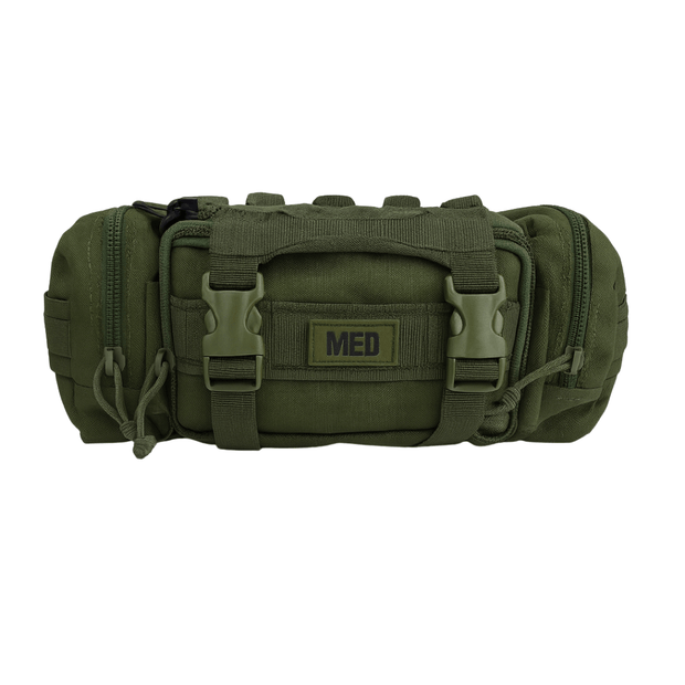 Rapid Response Trauma kit in olive green with MOLLE-compatible design for bleeding control essentials.