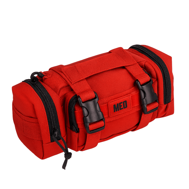 Rapid Response Trauma Kit in red with MOLLE compatibility and organized compartments for bleeding control essentials.