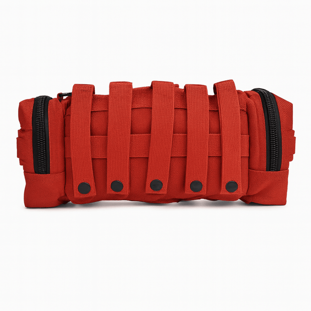 Rapid Response Trauma kit in red color with MOLLE webbing for tactical use.