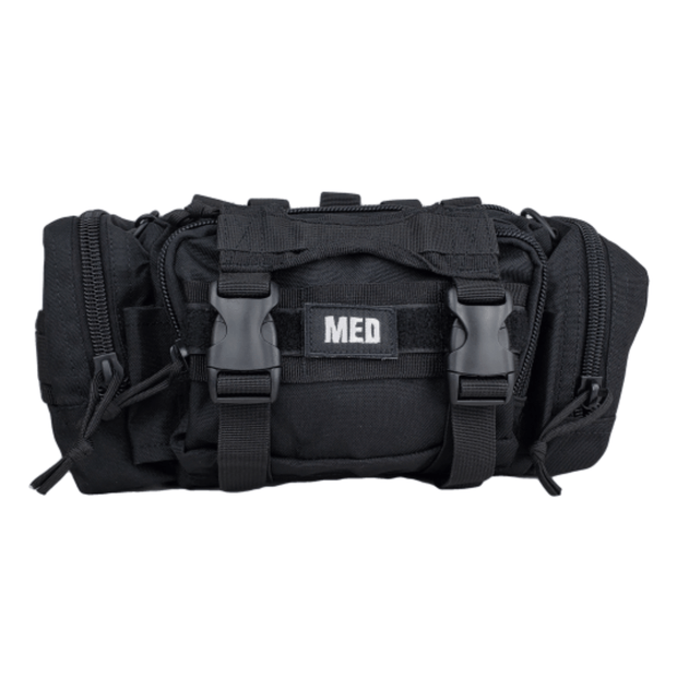 Rapid Response Trauma Kit in black for bleeding control, lightweight, MOLLE-compatible with essential first aid supplies.