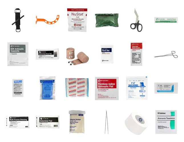Collection of medical supplies including bandages, antiseptic wipes, and scissors on a white background.