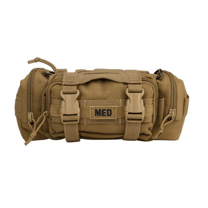 MOLLE-compatible Rapid Response Trauma kit in tan with multiple compartments for organized access.
