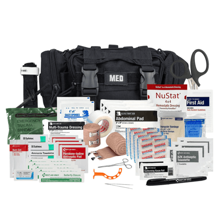 Rapid Response Trauma Kit w/Bleeding Control featuring essential medical supplies and organized gear for emergencies.