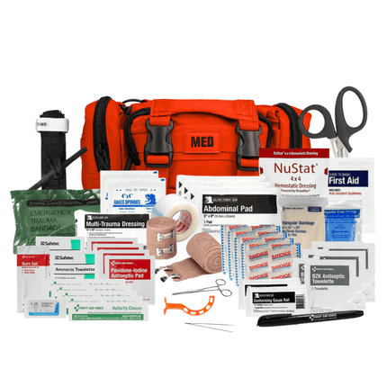 Rapid Response Trauma Kit w/Bleeding Control with essential medical supplies for emergency treatment.