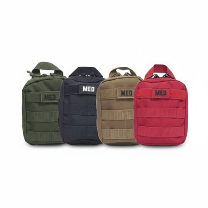 Set of four Recon IFAK pouches in green, navy, coyote, and red, designed for trauma care and MOLLE compatible.