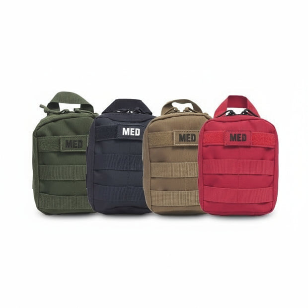 Set of four Recon IFAK pouches in green, navy, coyote, and red, designed for trauma care and MOLLE compatible.