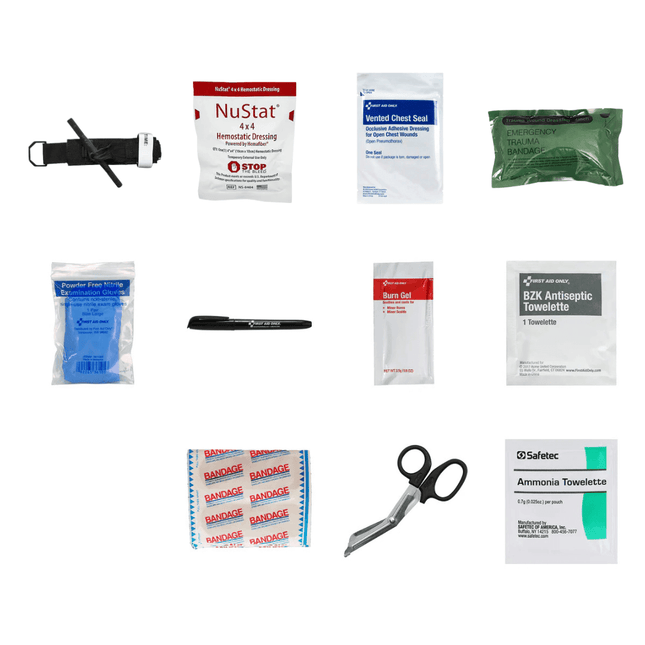 Recon IFAK – Advanced w/TQ & Hemostatic Gauze contents including bandages and antiseptics.