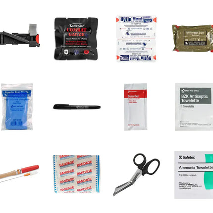 Collection of first aid supplies including bandages, gauze, and other medical items on a white background.