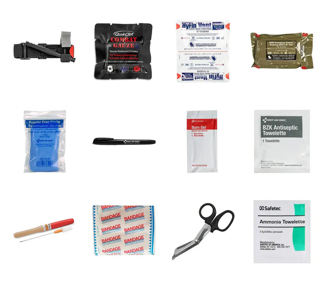 Collection of first aid supplies including bandages, gauze, and other medical items on a white background.