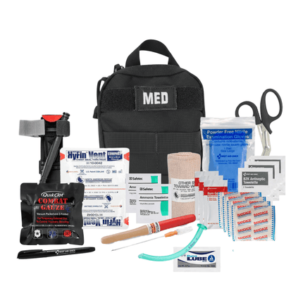 First aid kit with various medical supplies on a white background