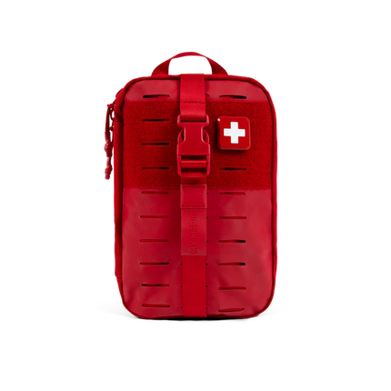 MyFAK First Aid Kit by My Medic in red with adjustable strap and white cross emblem.