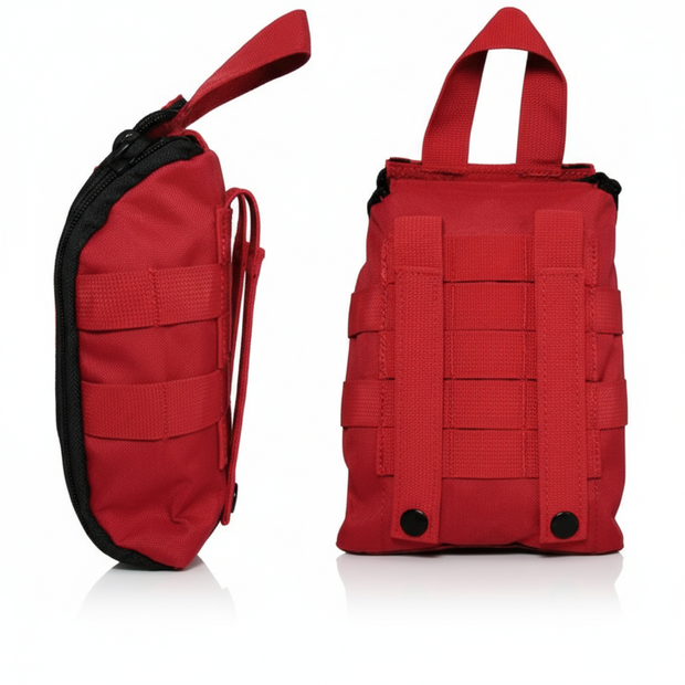 Red tactical first aid kit with MOLLE webbing and grab handle for easy access and attachment.