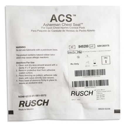 Rusch Asherman Chest Seal pack for treating open chest injuries, featuring instructions and warnings for use.