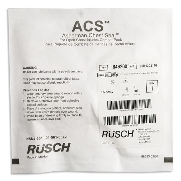 Rusch Asherman Chest Seal pack for treating open chest injuries, featuring instructions and warnings for use.